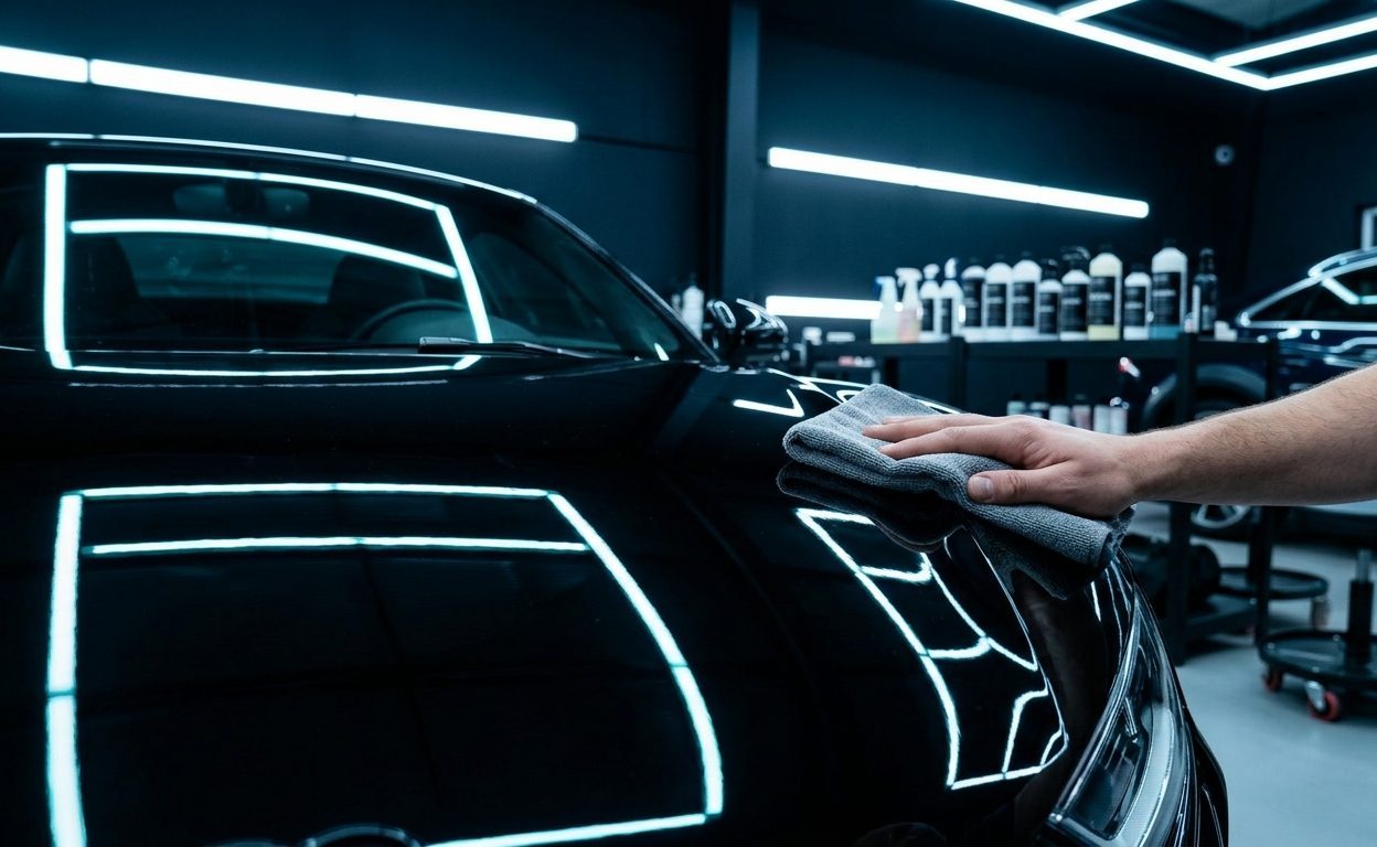 Detailer encerando a mano el cofre de un auto negro