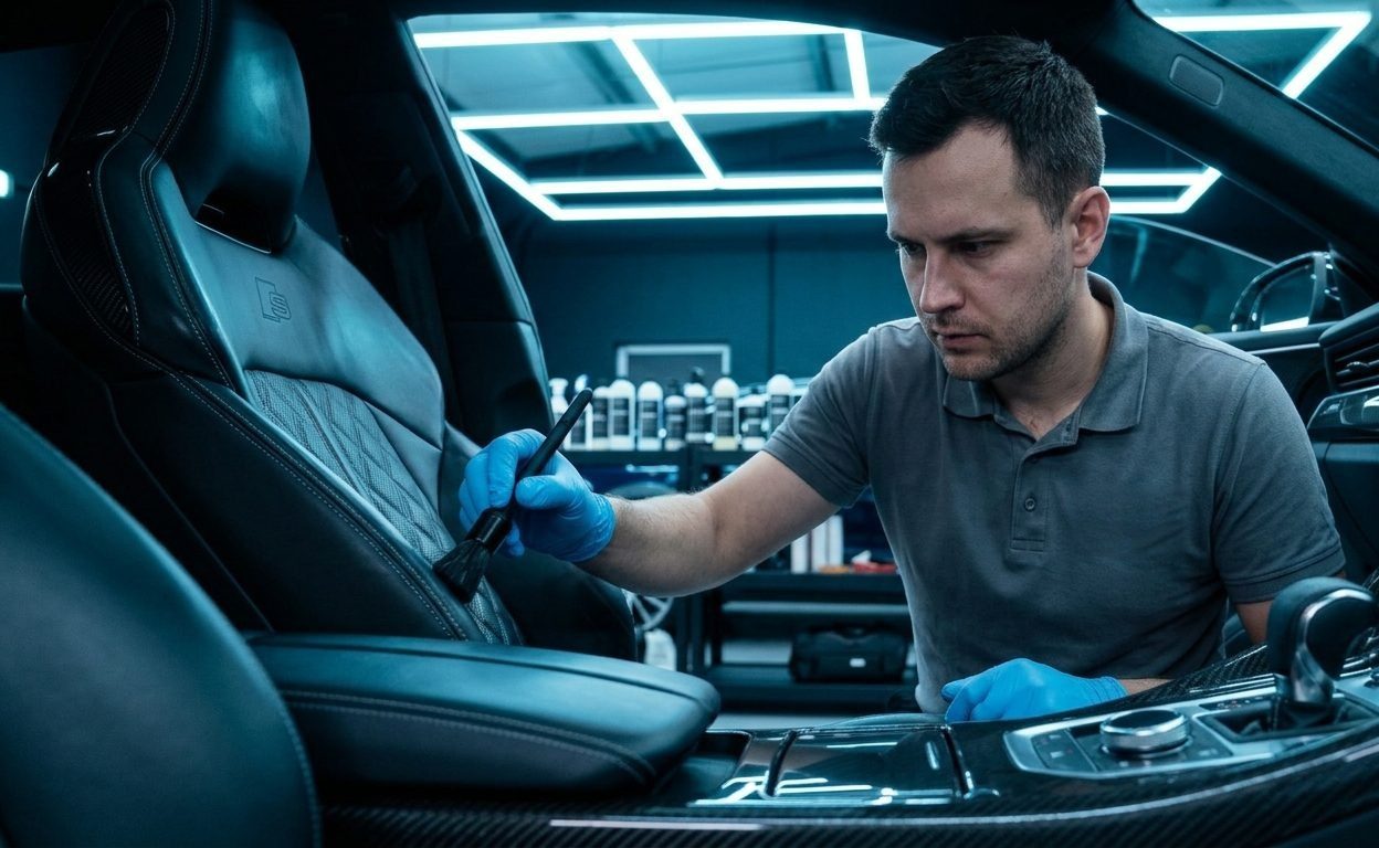 Detailer limpiando el interior de cuero de un auto